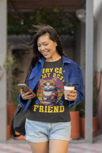 bella canvas tee mockup of a woman checking her phone while drinking coffee on the street m24755